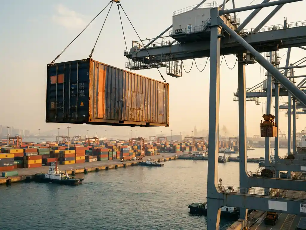 Verroeste stalen zeecontainer gehesen door havenkraan boven drukke Chinese haven, kleurrijke containerstapels op de achtergrond.