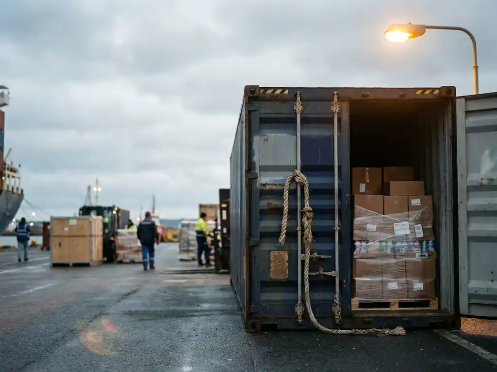Verweerde zeecontainer op een drukke havenkade, half geopend met gestapelde consumentengoederen zichtbaar, beveiligd met een rafelig touw.