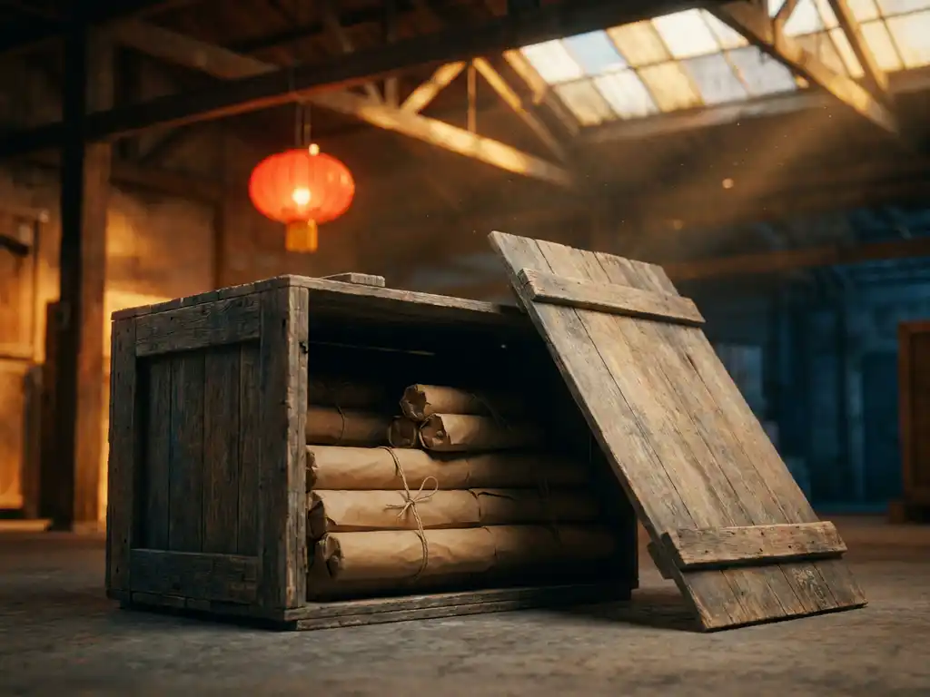 Verweerde houten transportkist op magazijnevloer met ingepakte goederen, rode Chinese lantaarn op de achtergrond, warm gouden licht.