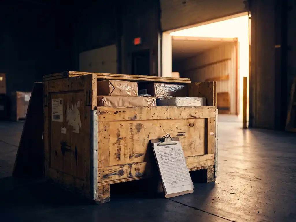 Verweerde houten transportkrat op magazijnevloer met ingepakte producten, clipboard met inspectieformulieren, gouden laadkuilicht op de achtergrond.
