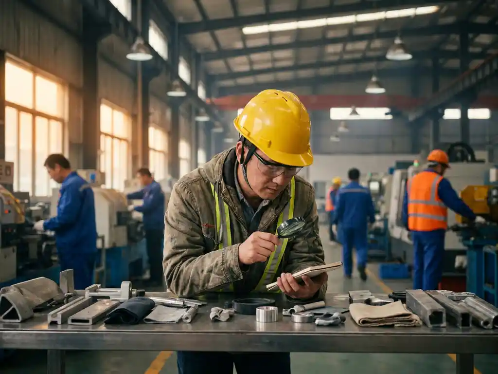Inkoopspecialist met helm inspecteert productmonsters op werkbank in Chinese fabriek, arbeiders en machines op achtergrond.