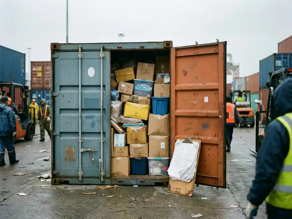Geopende zeecontainer op drukke havenkade met rommelig gestapelde consumentengoederen en kwaliteitsinspectieklembord tegen stalen deur.