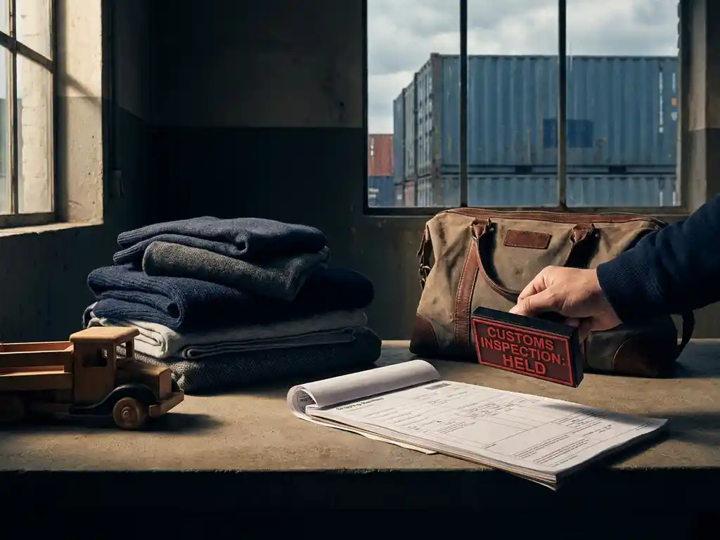 Ingevoerde consumentengoederen op een douane-inspectietafel met rood stempel boven vrachtmanifest, staalblauwe zeecontainers op achtergrond.