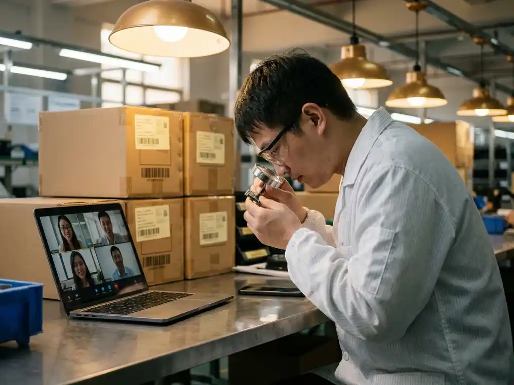 Kwaliteitscontroleur in witte jas inspecteert product in Chinese fabriek, laptop op stalen werkbank toont live videogesprek, kartonnen dozen op achtergrond.