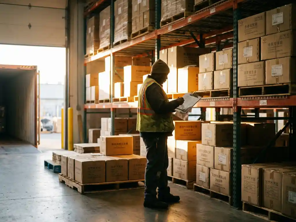 Magazijnmedewerker met klembord naast hoge industriële stellingen vol kartonnen dozen, warm goudkleurig licht vanuit laaddeur.