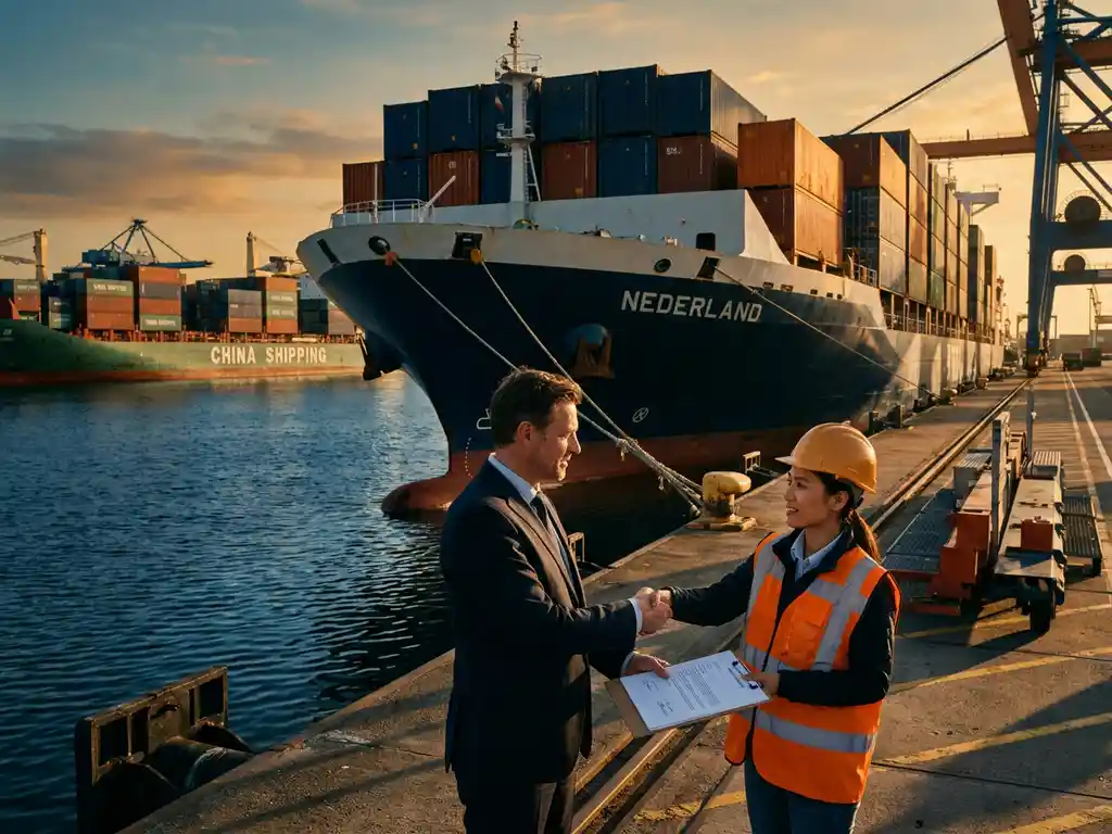 Europese zakenman en Aziatische logistiek coördinator wisselen contract uit op drukke internationale haven met gestapelde containers.