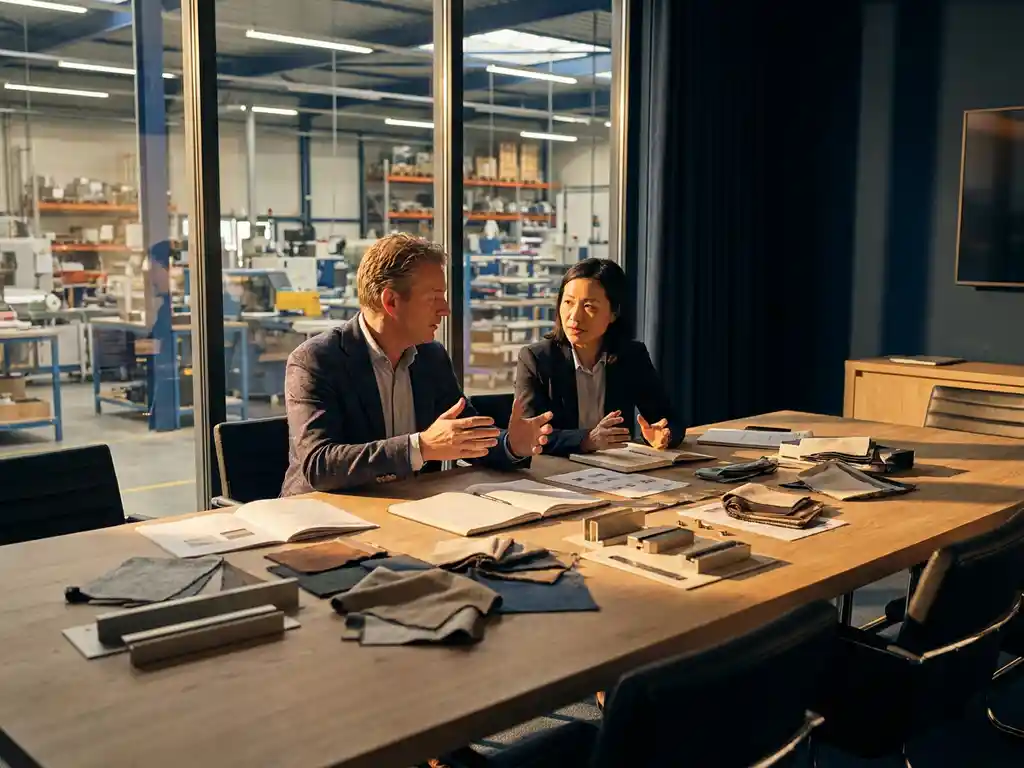 Nederlandse importeur en Chinese fabrieksmanager bespreken productmonsters en stoffen aan vergadertafel in moderne industriële faciliteit.