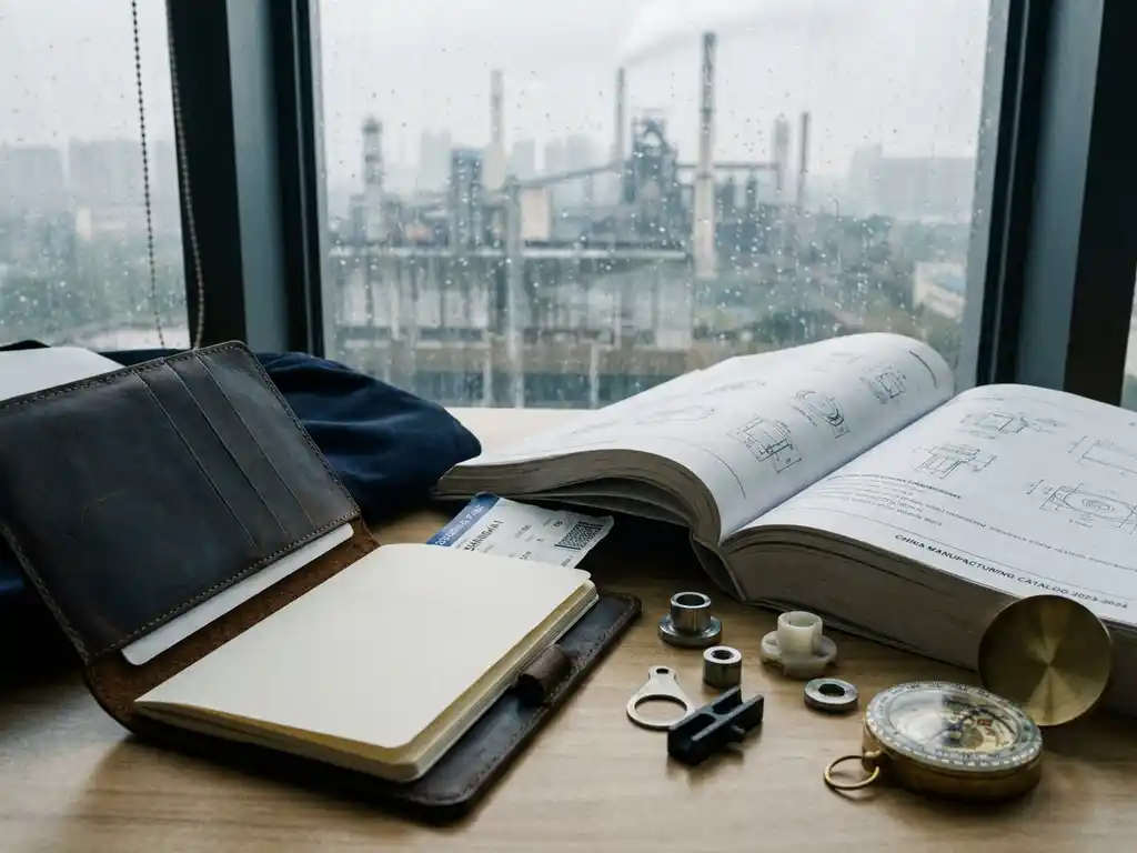 Versleten leren paspoort en instapkaart op een bureau naast een Chinese productcatalogus, stalen en een kompas, fabriekssilhouet door regenbesproeid raam.