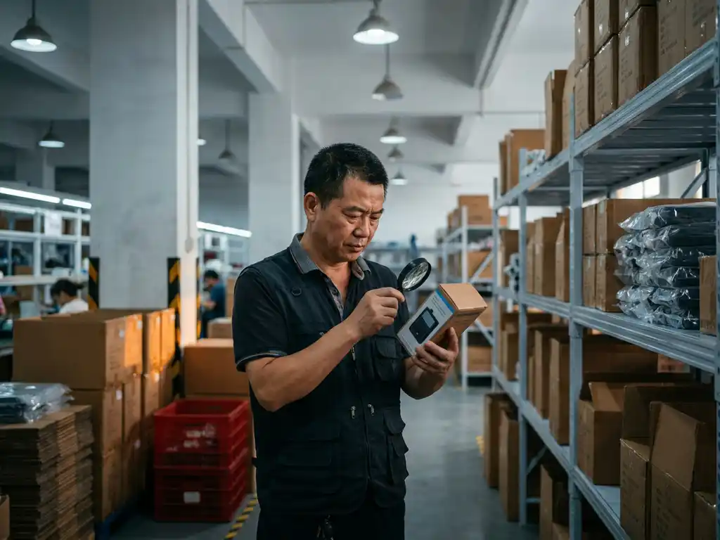 Chinese inkoopagent inspecteert consumentenproduct op fabrieksvloer in Shenzhen, met industriële schappen op de achtergrond.