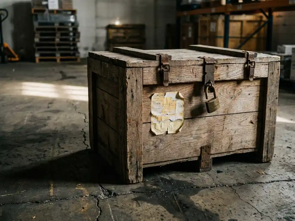 Verweerde houten krat met metalen sluitingen en open hangslot op betonnen magazijnvloer, gedeeltelijk loslatend verzendlabel.