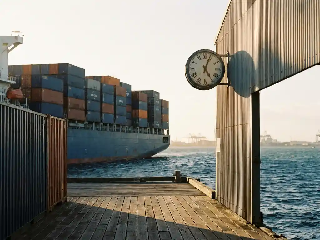 Vrachtschip met gestapelde kleurrijke zeecontainers vaart door open oceaan, havenskyline zichtbaar aan de horizon in warm middaglicht.