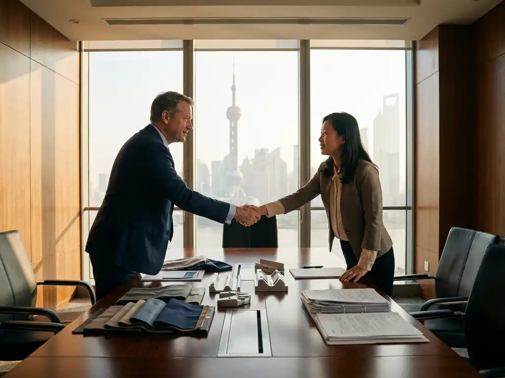 Westerse zakenman en Chinese fabrieksvertegenwoordiger geven elkaar een hand boven tafel met stofstalen en verzenddocumenten, Shanghai skyline op achtergrond.
