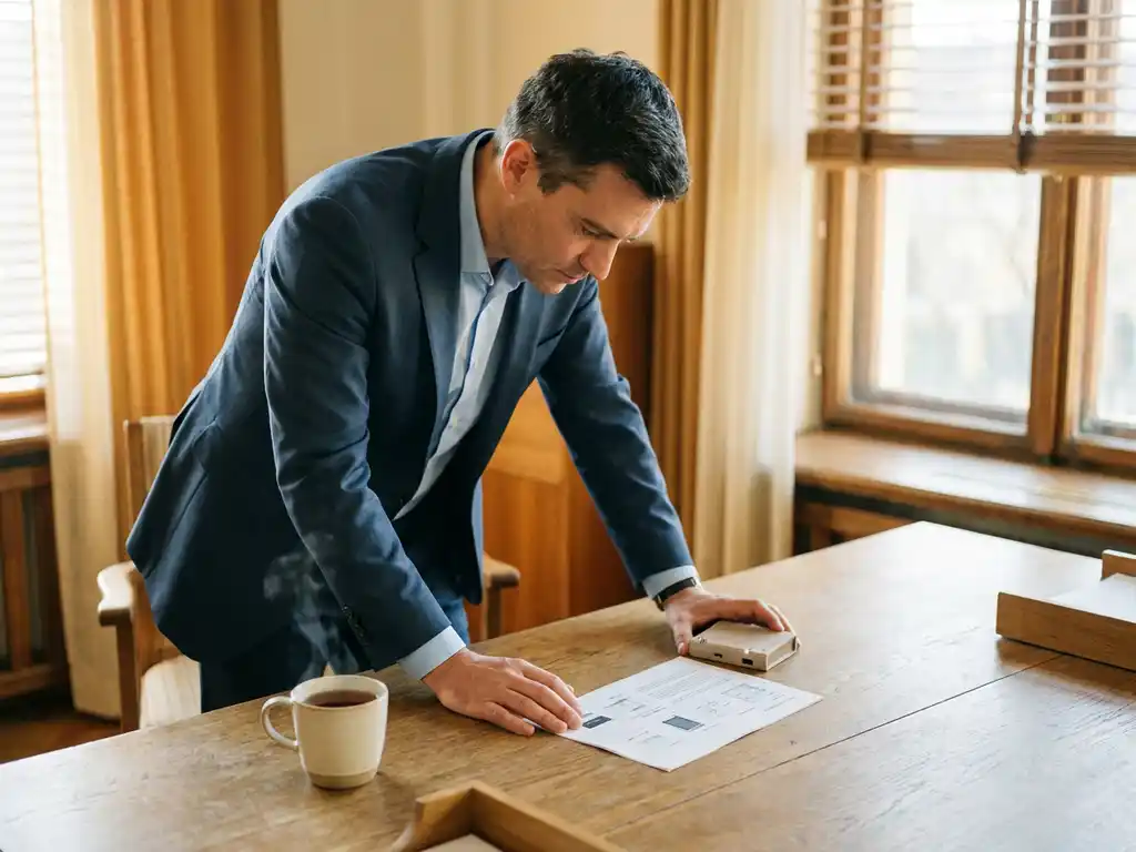 Europese zakenman bestudeert productspecificatieblad en staalmonster op eikenhouten bureau, dampende thee, warm middaglicht.