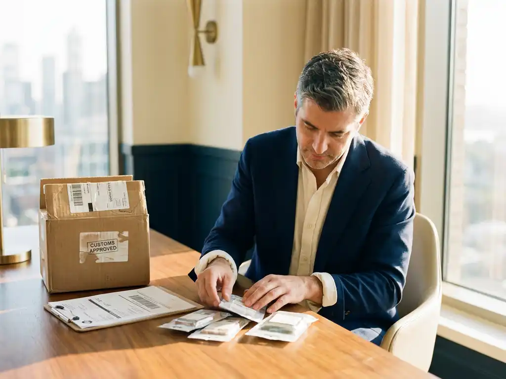 Europese zakenman bekijkt productmonsters op modern bureau naast verzendmanifest en kartonnen doos met douanestickers.
