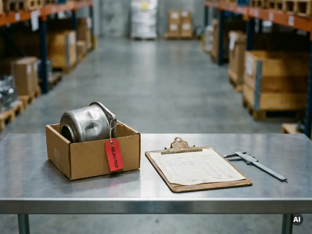 Afgekeurd productmonster met rode rejectietag op inspectietafel, meetschuifmaat en klembord ernaast, magazijnomgeving op achtergrond.