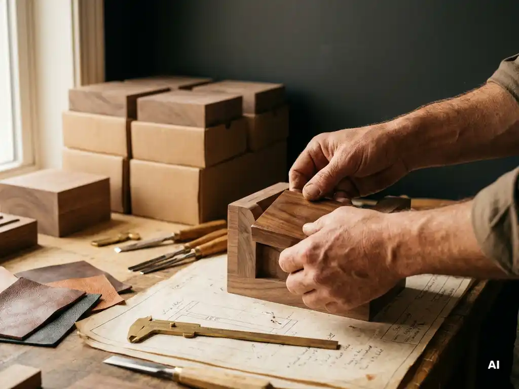 Vakkundige handen assembleren een houten prototype op een werkbank, omringd door gereedschap en specificatiebladen, met massaproductie op de achtergrond.