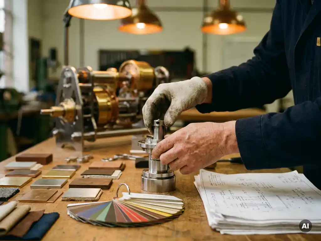 Vakman die een nauwkeurig bewerkt metalen onderdeel afstelt op een werkbank, omgeven door materiaalstalen en technische specificaties.