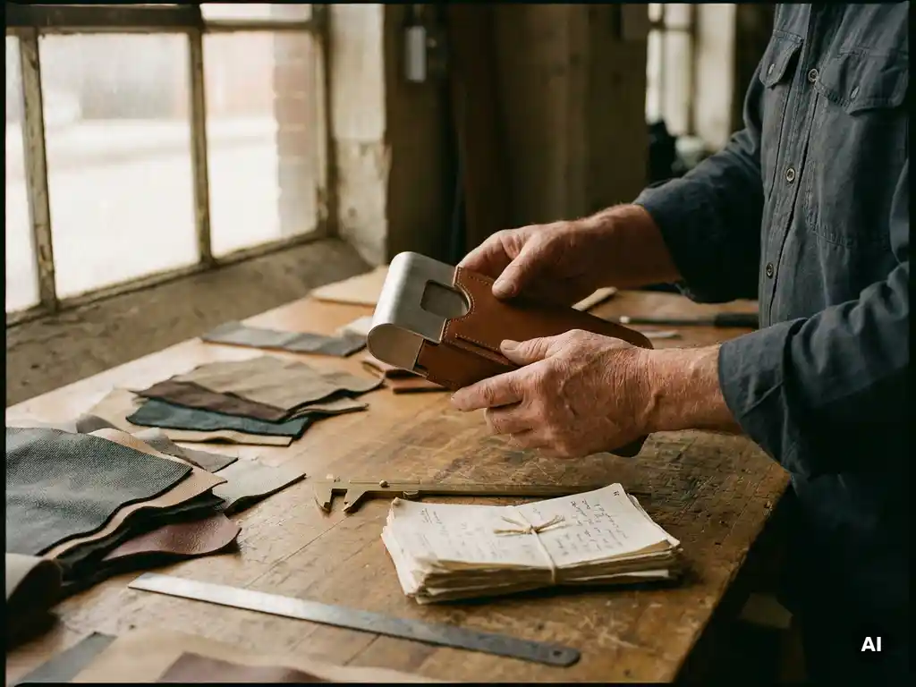 Ambachtsman inspecteert handgemaakt productprototype op werktafel met materiaalstalen, meetgereedschap en leveranciersdocumenten.