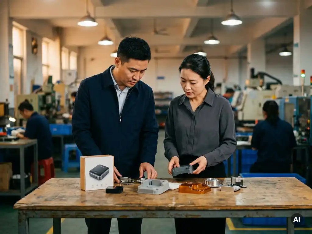 Twee professionals beoordelen productmonsters op een fabriekstafel in China, met afgewerkte consumentengoederen en prototypes tussen hen in.