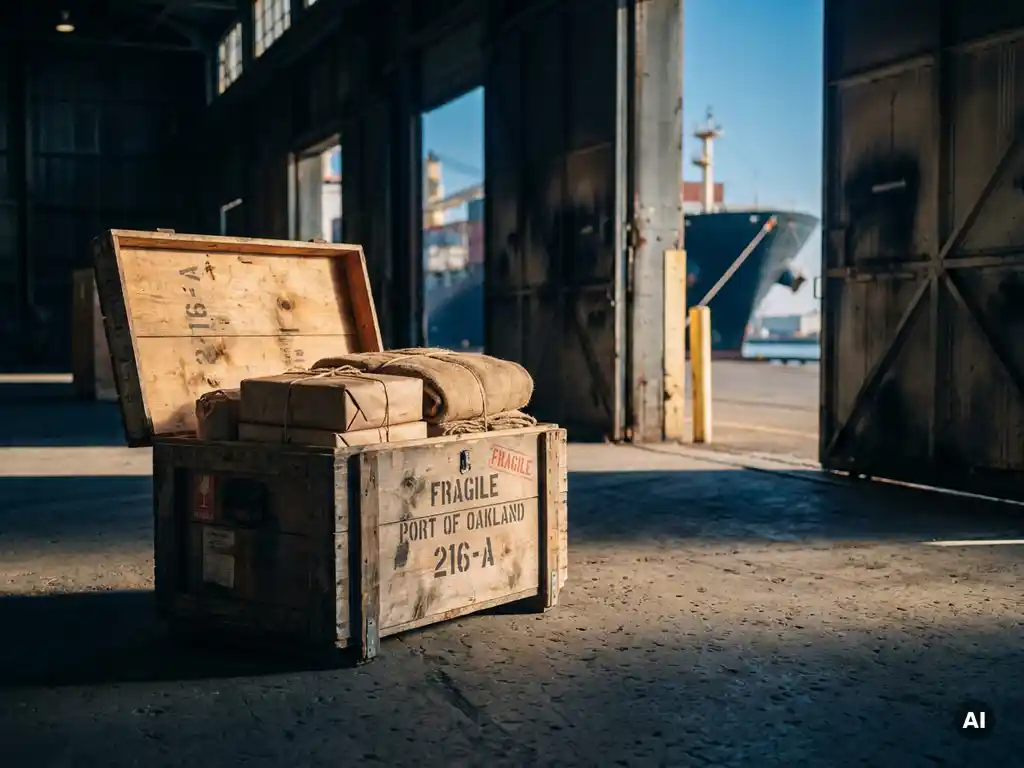 Verweerde houten krat met verpakte goederen op betonnen magazijnvloer, vrachtschip zichtbaar door industriële deuren op de achtergrond.