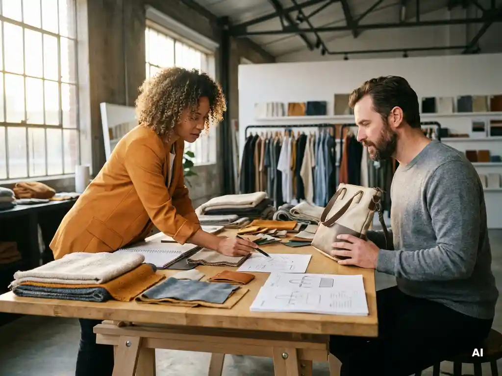 Sourcingspecialist begeleidt klant bij aangepast prototype op werktafel met stofstalen en technische specificaties in moderne industriële showroom.