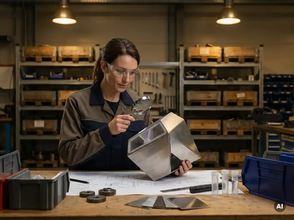 Sourcingspecialist onderzoekt aangepast productprototype op werkbank, omringd door technische specificaties en materiaalmonsters.
