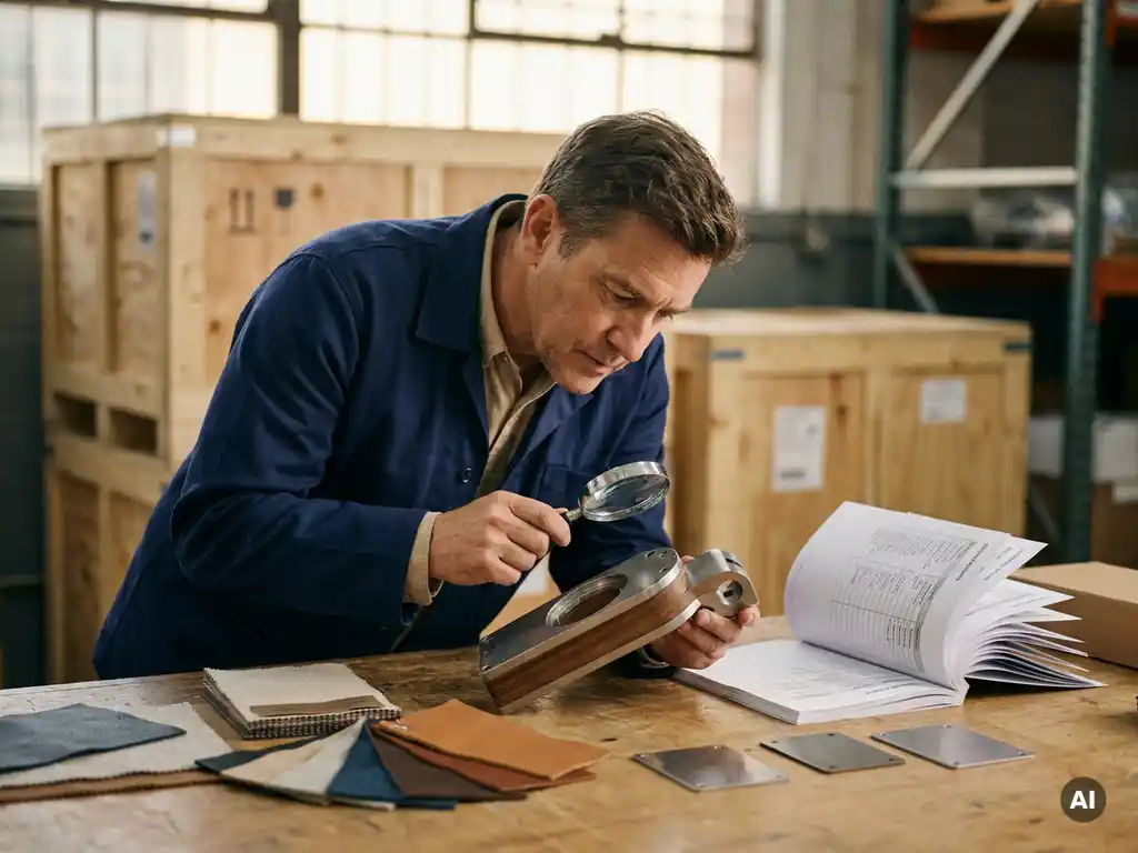 Sourcing specialist inspecteert productprototype aan magazijnbureau, omringd door materiaalstalen en specificatiebladen.