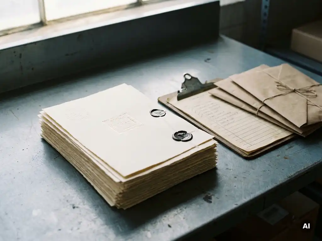 Gestapelde certificeringsdocumenten met reliëfstempels op inspectietafel, naast klembord met kwaliteitschecklist en verpakte productmonsters.