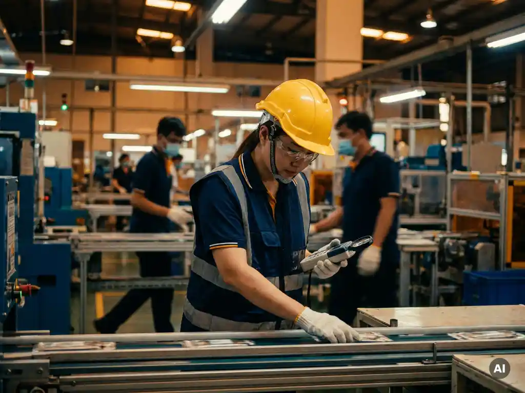 Kwaliteitscontroleur met helm inspecteert consumentenproduct op Aziatische fabrieksvloer met lopende banden op de achtergrond.