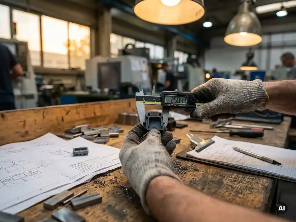 Kwaliteitscontroleur meet prototype consumentenproduct met metalen schuifmaat op werkbank, omringd door componenten en technische specificaties.