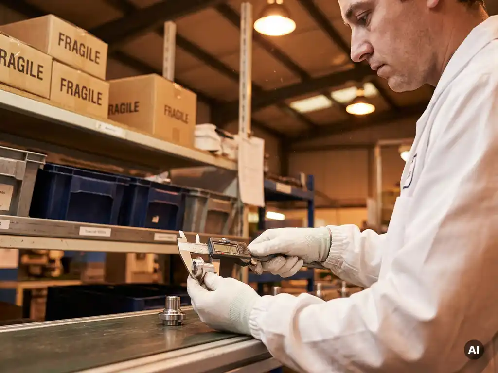Kwaliteitscontroleur in witte labjas meet consumentenproduct met schuifmaat op fabrieksassemblagelijn.