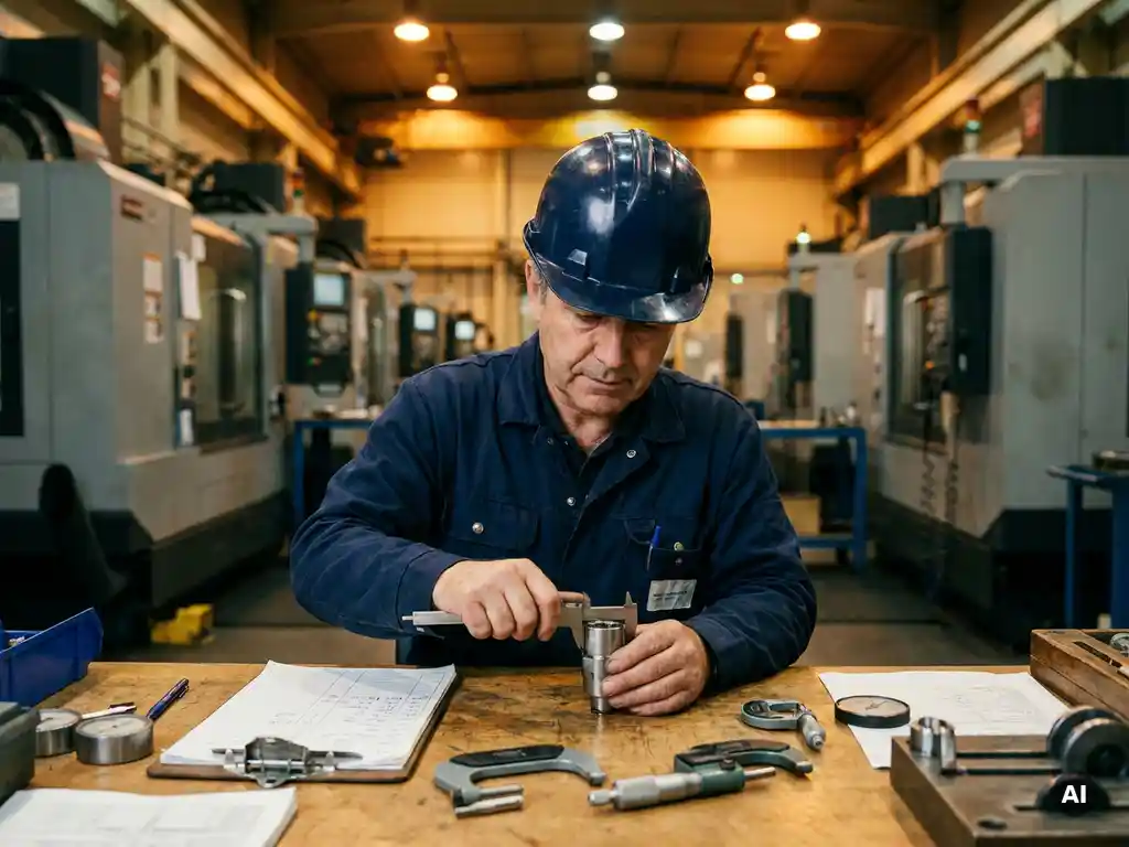 Kwaliteitscontroleur met helm inspecteert productmonsters op fabriekswerkvloer, meetgereedschap en klembord nabij, industriële machines op achtergrond.