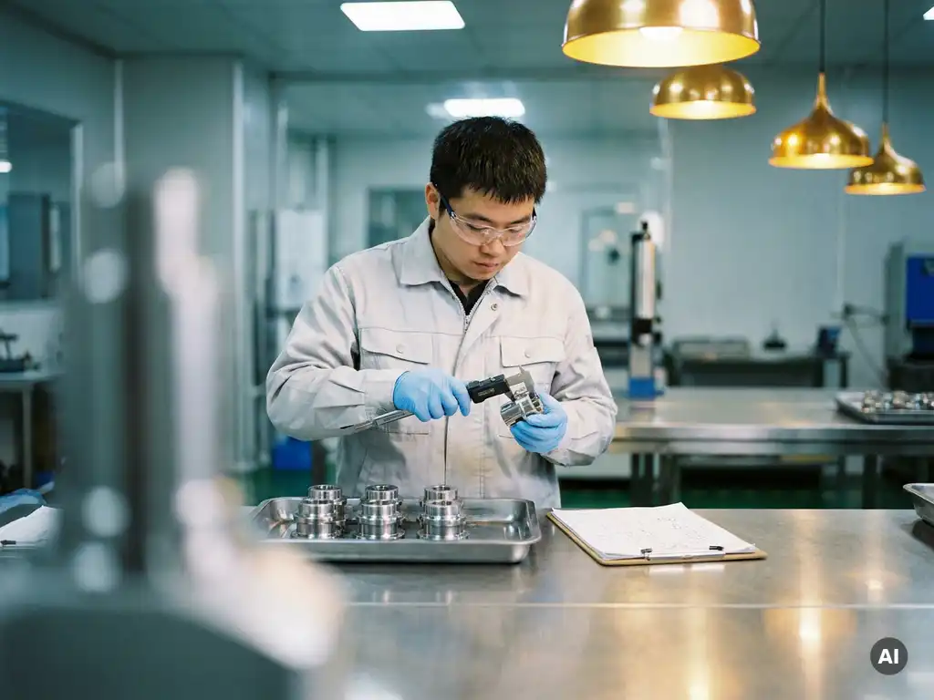 Kwaliteitsinspecteur meet maatwerk product met precisie schuifmaat op roestvrijstalen inspectietafel in industriële omgeving.