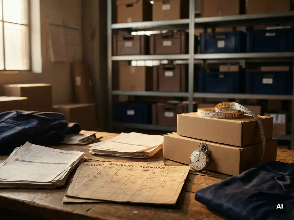 Houten bureau met verzendmanifesten, stopwatch en meetlint op kartonnen dozen, magazijnstellingen op de achtergrond in warm licht.