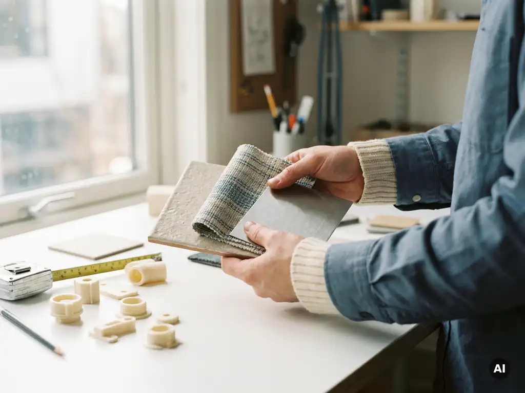 Productdesigner onderzoekt keramische, geweven en geborsteld metalen materiaalstalen op wit bureau met meetlint en prototypes.