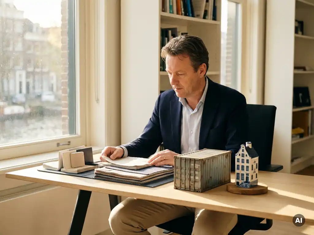 Nederlandse zakenman bekijkt productmonsters op modern bureau met miniatuur vrachtcontainer en grachtenpand als rekwisieten.