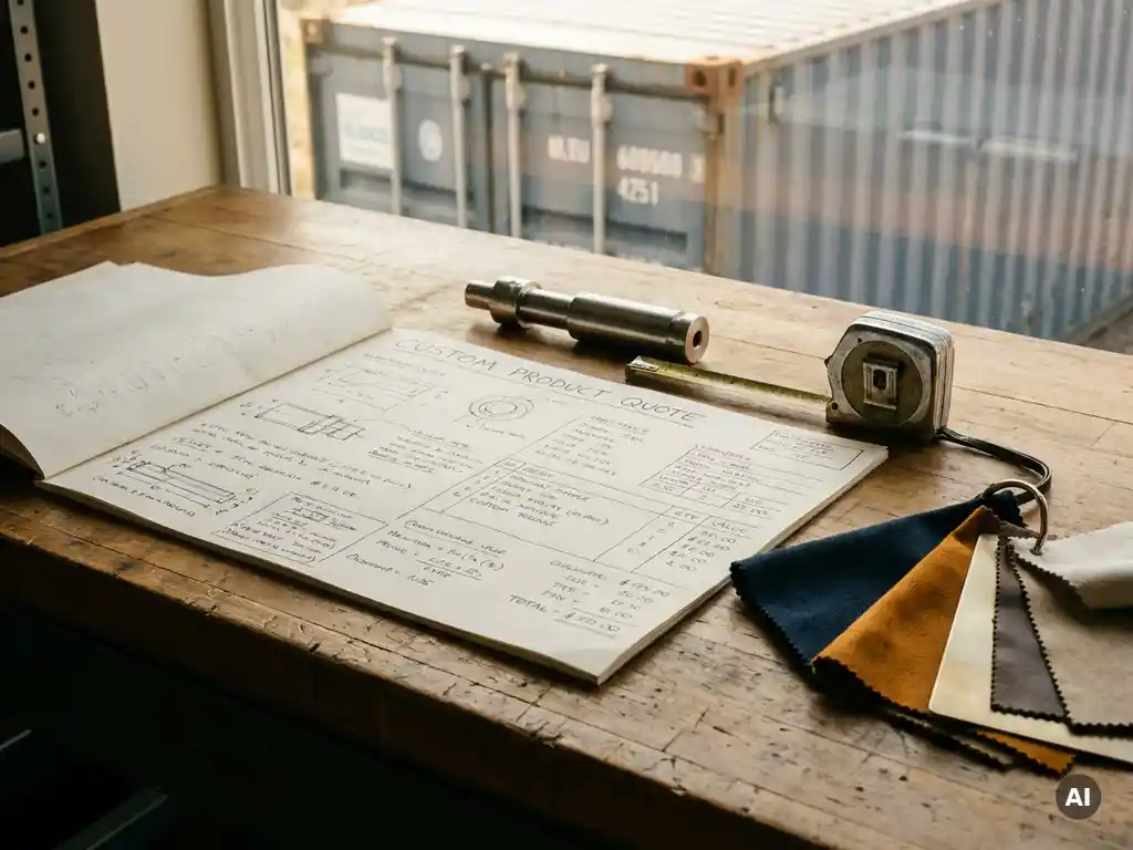 Opengeslagen offertedocument op industrieel bureau met productmonster, meetlint en materiaalstalen, scheepscontainer zichtbaar op achtergrond.