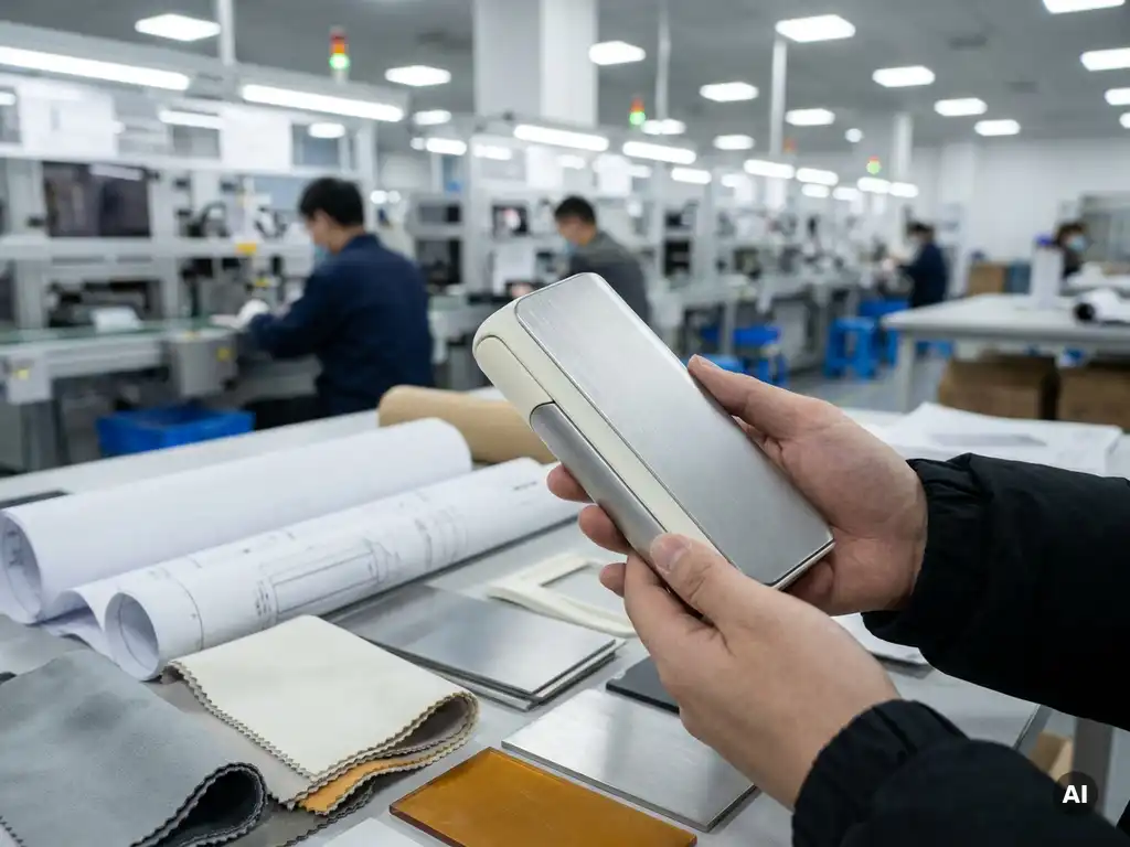 Productontwerper houdt geraffineerd consumentenprototype vast in Chinese fabriek, met technische tekeningen en materiaalstalen op de werkbank.