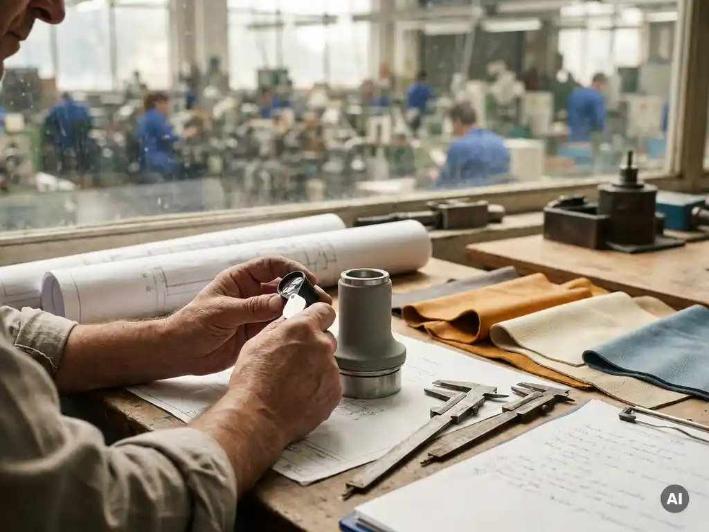 Vakman inspecteert vers gegoten productprototype op werktafel met materiaalstalen, technische schetsen en schuifmaat, Chinese productiefaciliteit op achtergrond.