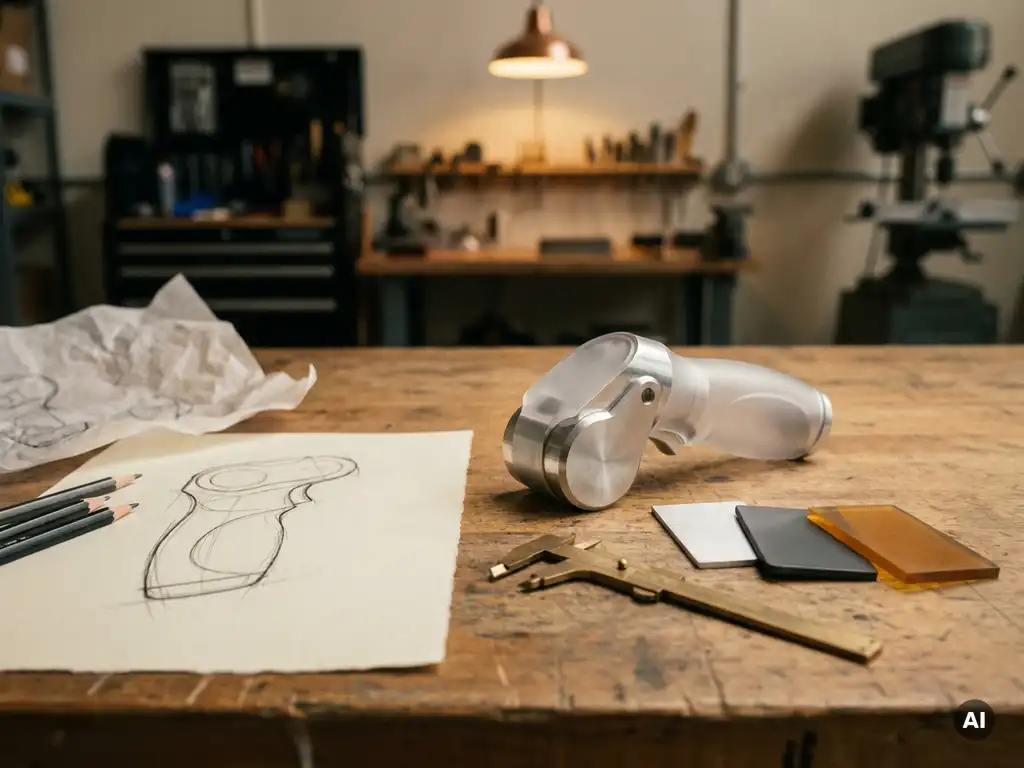 Potloodschets van een consumentenproduct naast een fysiek prototype op een werkbank, met schuifmaat en materiaalstalen in warm amberkleurig licht.