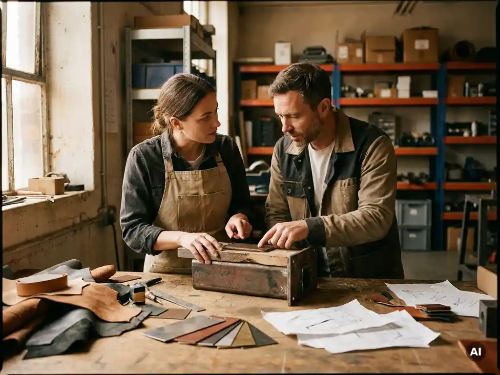 Productontwerper en fabrikant bekijken samen een prototype op een werkbank, omringd door materiaalstalen en schetsen in een industriële werkplaats.