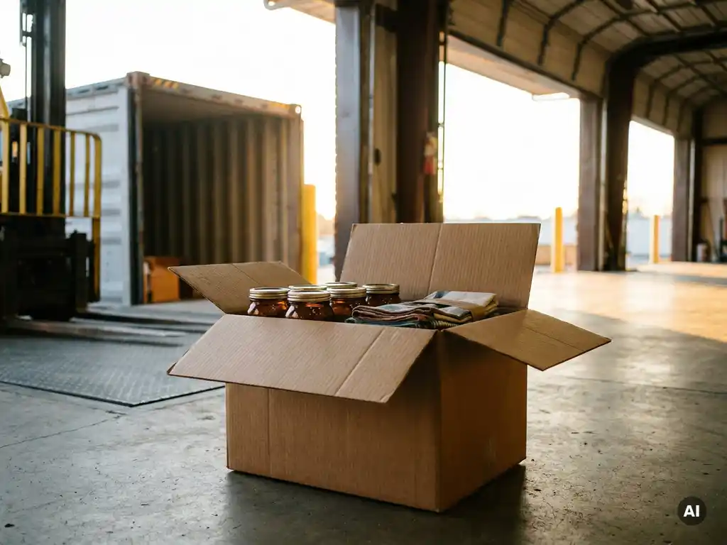 Open kartonnen verzenddoos met consumentenproducten op laaddok, vrachcontainer en heftruck zichtbaar op achtergrond.
