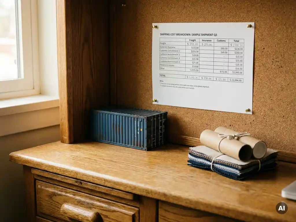 Verzendkostenspecificatie op kurkbord naast miniatuur vrachtcontainer en productmonsters op eiken bureau in sourcing kantoor.