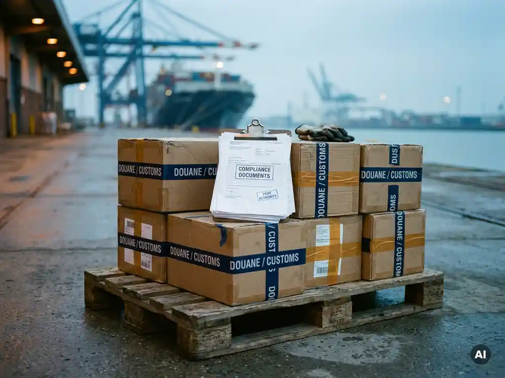 Stapel productverpakkingen met douanetape op Europese laadkade, klembord met invoerdocumenten bovenop, vrachtschip op achtergrond.