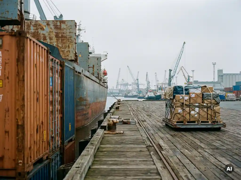 Verweerde houten kade in internationale haven met gestapelde zeecontainers, vrachtschip en luchtvrachtpallet onder bewolkte grijze lucht.