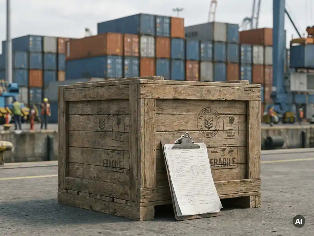 Verzegelde houten transportkist met douanestempels op een drukke havenkade, met gestapelde containers op de achtergrond.