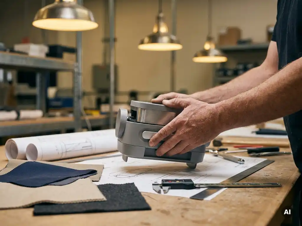 Ambachtsman onderzoekt productprototype op werkbank, omringd door materiaalmostalen, technische schetsen en meetgereedschap.