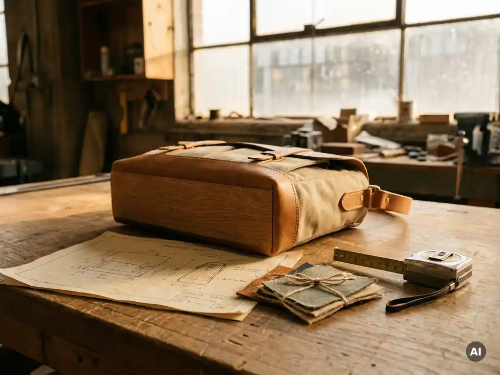 Productprototype op houten bureau naast specificatieblad, stoffen stalen en meetlint, warm fabrieklicht op de achtergrond.